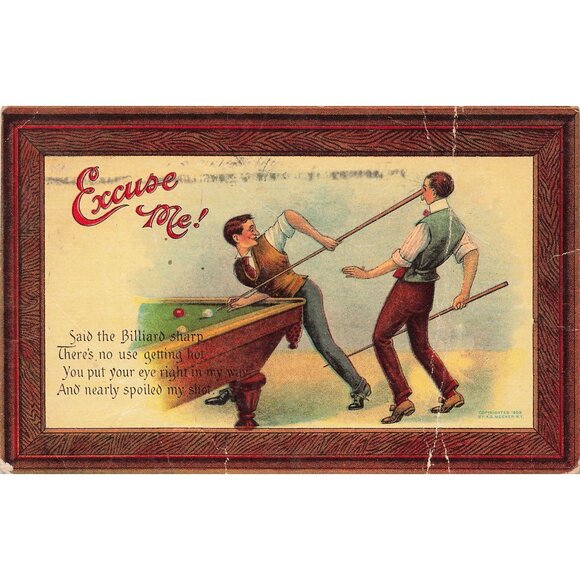 Postcard Excuse Me! Billiards Gentleman Cue Stick In Face Divided Back Posted - Picture 1 of 2
